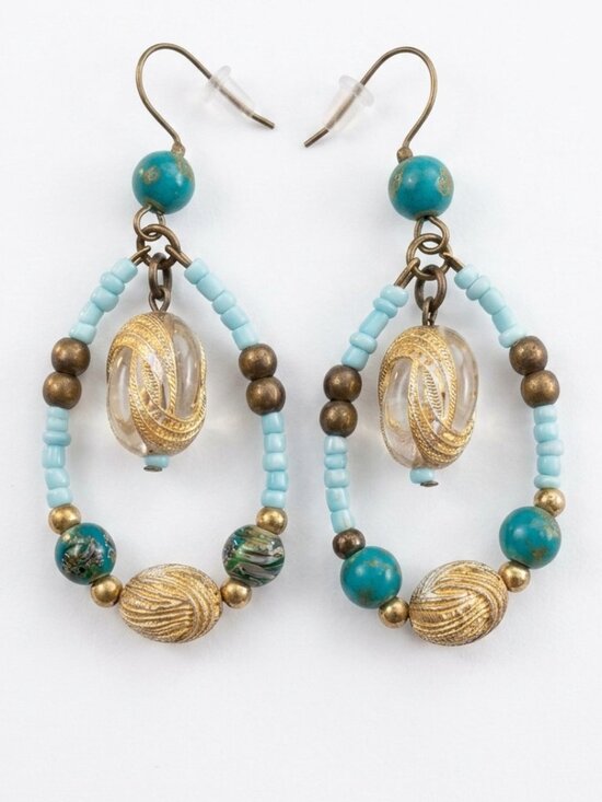 Hand Crafted Jewelry - Teal & Antique Gold Filigree Hoop Earrings